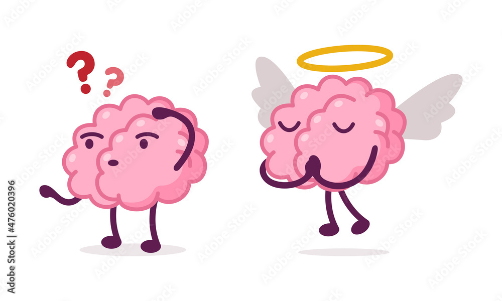 Funny Brain Character Scratching Head Searching for Answer and with Nimbus and Angel Wings Vector Set Funny Brain Character Scratching Head Searching for Answer and with Nimbus and Angel Wings Vector Set