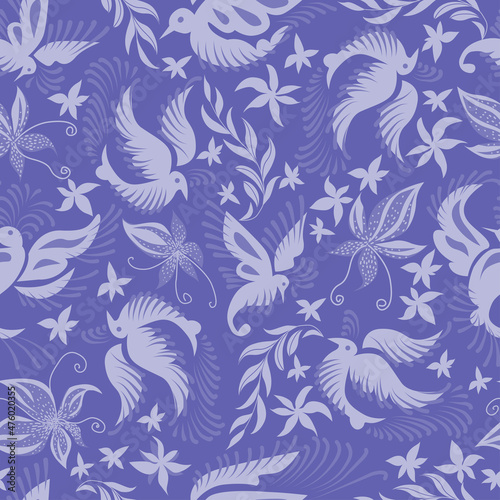 Vector seamless pattern with tropical orchids and birds