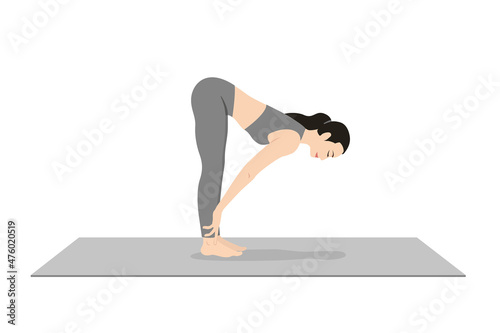 Half Forward Fold, Upward Forward Fold Hands on Shins, Beautiful girl practice Ardha Uttanasana Hands on Shins. Young attractive woman practicing yoga exercise. working out, black wearing sportswear, 