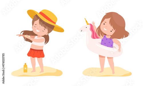 Little Girl with Rubber Unicorn Ring and Applying Sunscreen on Her Body Skin Vector Set