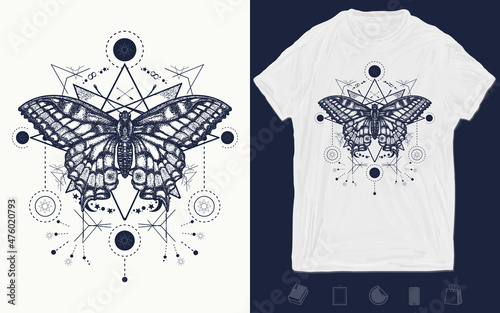 Magic butterfly tattoo art. Symbol of magic, renaissance, esoterics, travel, soul t-shirt design. Vector graphics template. Hand drawn illustration