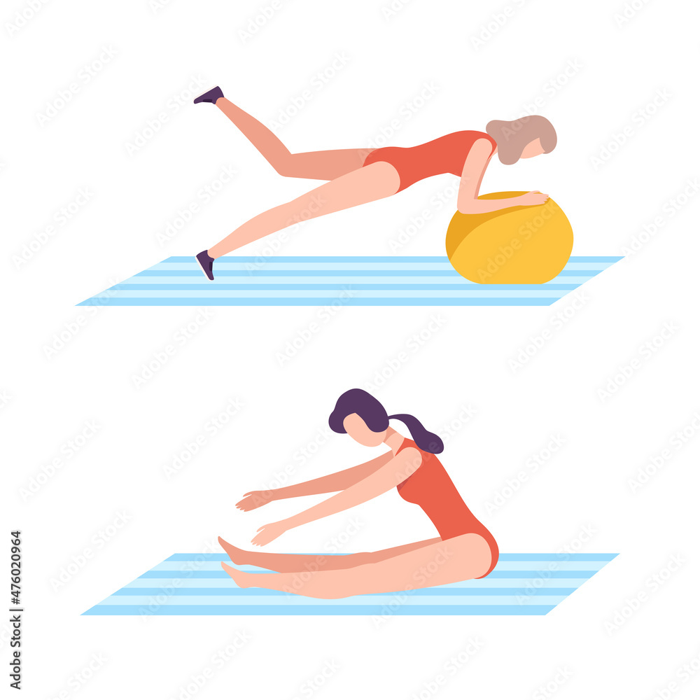 Young Woman on Mat Stretching and Standing in Plank with Fitball Doing Fitness Workout Vector Set