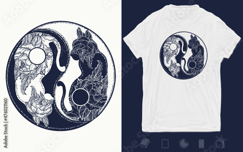 Cats yin and yang tattoo. Boho mandala symbol harmony and balance. T-shirt design, yoga, spirituality. Vector graphics template. Hand drawn illustration