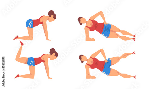 Woman in Shorts Doing Sport Workout and Strength Exercise Standing in Side Plank Vector Set
