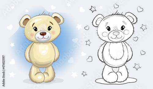 Christmas Cute Cartoon Teddy Boy Bear. Baby doll vector illustration. Coloring page.