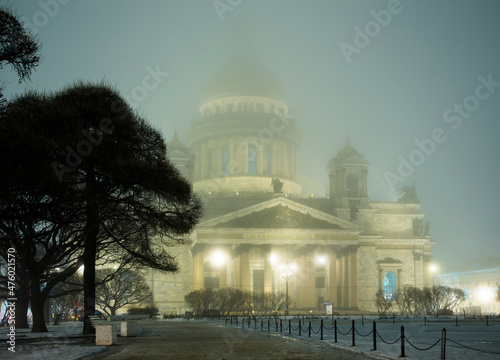 St. Isaac's Cathedral in St. Petersburg at night in the fog