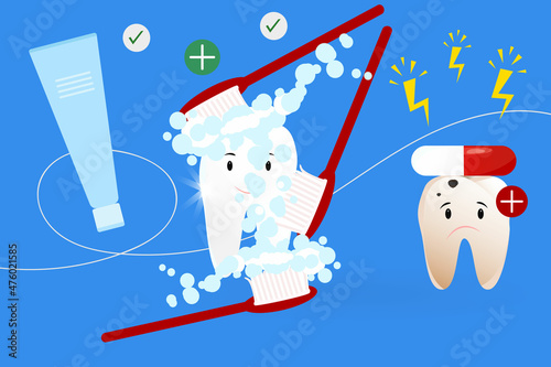 sick tooth and a healthy tooth before and after care. flat cartoon vector illustration of a sad spoiled and rotten tooth and a happy healthy tooth bathing in water with toothpaste. dental healthcare