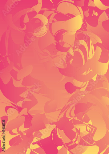 Abstract vector background with pink, orange and yellow gradient waves and stains, which have shapes of stylized flowers or fireworks. Bright colorful round shapes are flowing to each other.