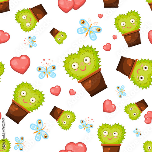 Cute cartoon heart-shaped cactus is falling in love, staring at a blue butterfly, smiling, goggling, seamless vector pattern about love of strange soul mates. 