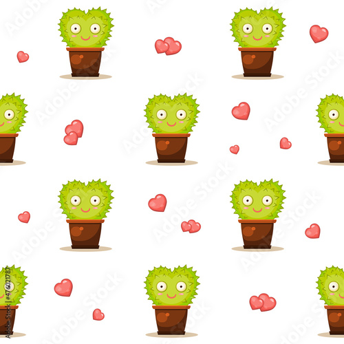 Seamless vector pattern with hearts and cute heart shaped cactus in a pot which is smiling and goggling with wide opened eyes. Background about love with rows of nice cartoon prickled cacti.
