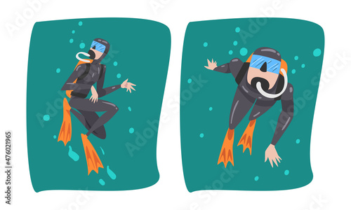 Scuba Diving Man with Breathing Equipment and Flippers Diving Underwater Vector Set