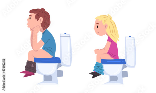 Little Boy and Girl Sitting on Toilet Bowl Vector Set