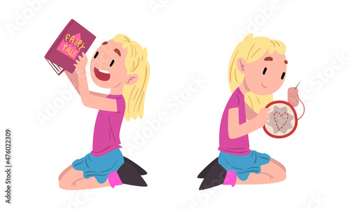 Little Blond Girl Sitting Reading Fairytale and Tambouring Vector Set