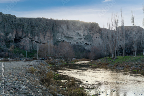 View of a popular picnic area with Inonu Caves and Kirmir Stream in the fall. Gudul, Ankara, Turkey. photo