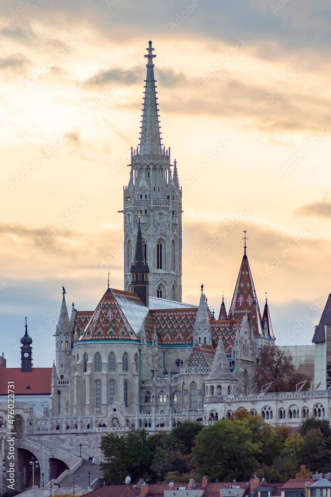 Matthias church in Fisherman bastion at sunset, Budapest, Hungary