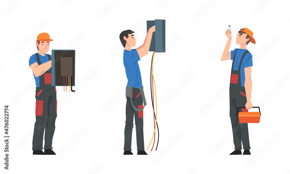 Man Electrician in Overall Fixing Electrical Wiring Vector Set