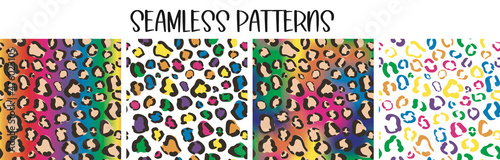 Set of rainbow seamless pattern with leopard print. Pride colorful wallpaper. Cheetah bright gradient background