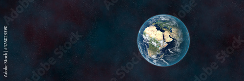 Dark futuristic image of planet earth in outer space.Banner.Copy space.Elements of this image are furnished by NASA.3D rendering.