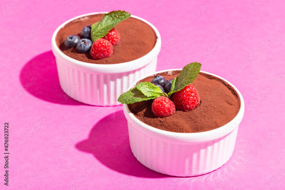 Perfect homemade tiramisu cake with fresh mint. Tiramisu portion in white plate on pink background hard shadows. Perfect homemade tiramisu cake with fresh mint. Tiramisu portion in white plate on pink background hard shadows.