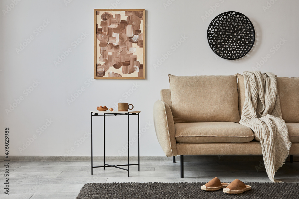 Minimalist interior of elegant living room with mock up poster frame, beige  modern sofa, side table and personal accessories. Creative home staging.  Copy space. Template. Stock-Foto | Adobe Stock