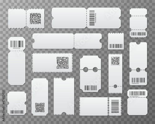 Blank ticket template. Event tickets, airplane boarding pass. Cinema movie theater cards, lottery coupon. Concert, festival or circus paper empty flyers, exact vector set