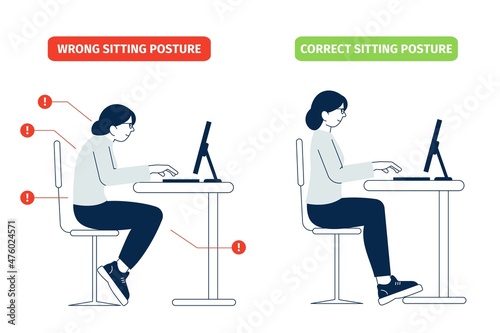 Correct sitting. Desk business position, right wrong sit for spine. Legs and body positions at work with computer. Ergonomic postures recent vector concept