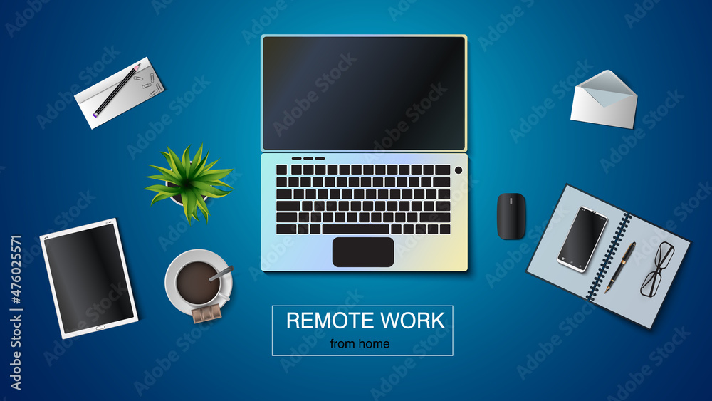 Vector illustration of a workplace for remote work. Laptop, tablet, envelope, notepad, pen, coffee cup, flower in a pot, smartphone. EPS 10. Vector illustration of a workplace for remote work. Laptop, tablet, envelope, notepad, pen, coffee cup, flower in a pot, smartphone. EPS 10.