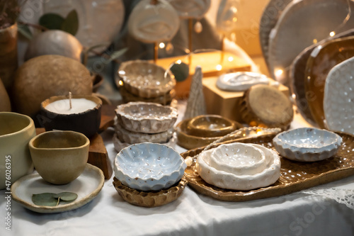 Obraz na płótnie Handmade ceramic souvenirs. Creative Pottery Shop for Home Decoration. w salonie