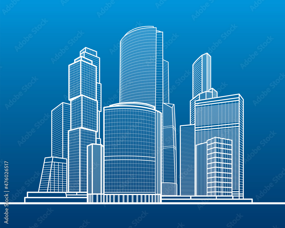 Modern town. Urban city complex. Business center. Infrastructure outlines illustration. White lines on blue background. Vector design art 