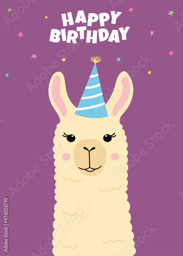Happy birthday greeting card with cute llama head. Funny alpaca with birthday hat. Template for nursery design, poster, birthday card, invitation, baby shower and party decor.