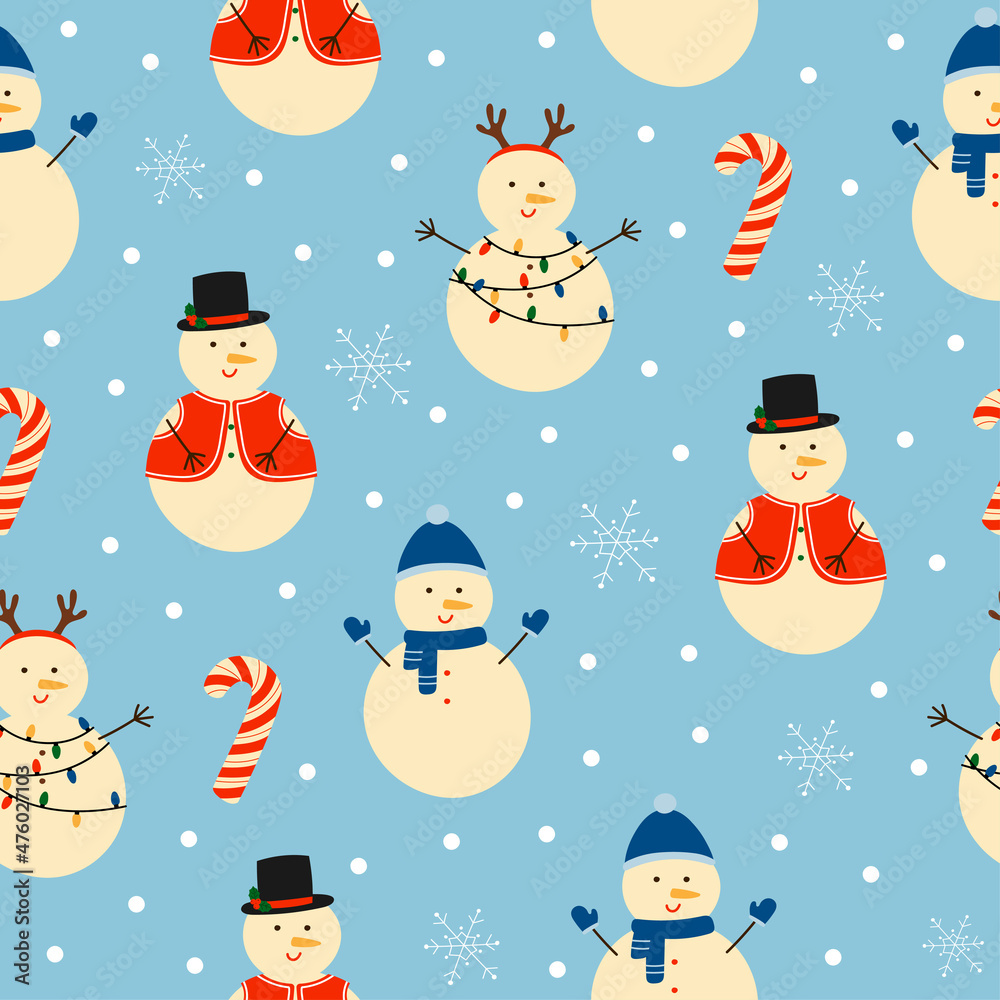 Fototapeta premium Seamless pattern of cute hand drawn snowmans with different clothes and decoration. Snowman and candy cane on blue background.