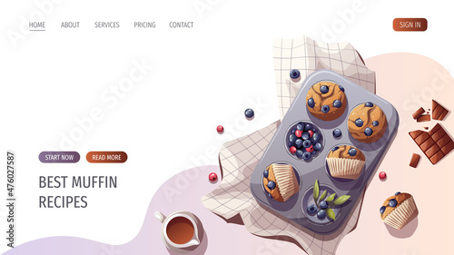 Muffins with berries. Baking, bakery shop, cooking, sweet products, dessert, pastry concept. Vector illustration for poster, banner, website, advertising.