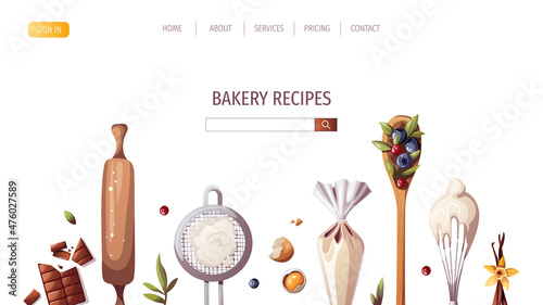 Flour sieve, whisk, wooden spoon, piping bag, rolling pin. Baking, bakery shop, cooking, sweet products, dessert, pastry concept. Vector illustration for poster, banner, website, advertising.