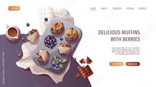 Muffins with berries. Baking, bakery shop, cooking, sweet products, dessert, pastry concept. Vector illustration for poster, banner, website, advertising.
