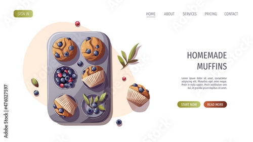 Muffins with berries. Baking, bakery shop, cooking, sweet products, dessert, pastry concept. Vector illustration for poster, banner, website, advertising.