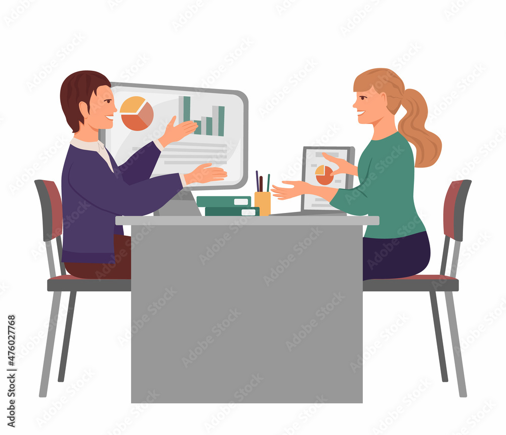 Two girls talking. Two women discuss work issues at the table. In the background there is a monitor, a laptop and folders with papers. Vector Illustration in flat style on white background. Two girls talking. Two women discuss work issues at the table. In the background there is a monitor, a laptop and folders with papers. Vector Illustration in flat style on white background.