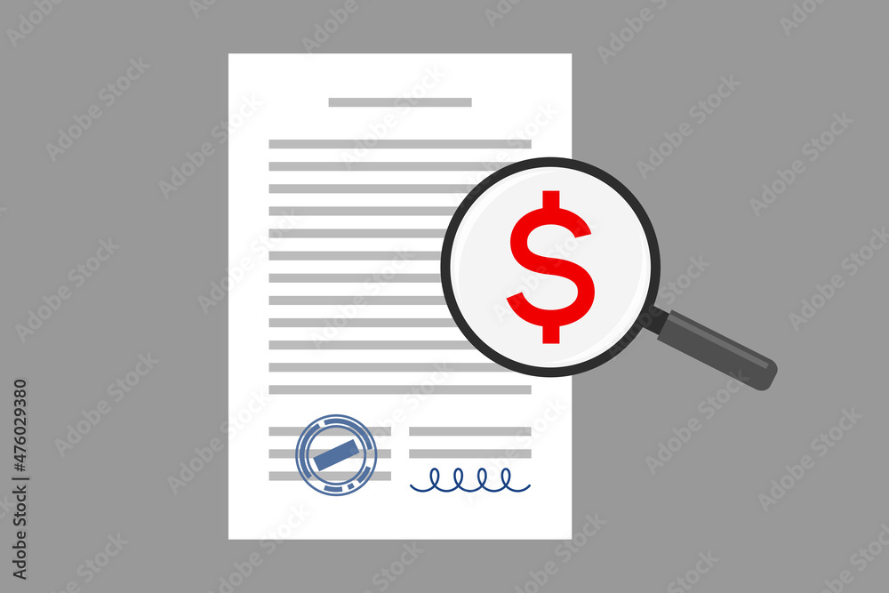 Document with signature and stamp and magnifier with dollar sign Document with signature and stamp and magnifier with dollar sign