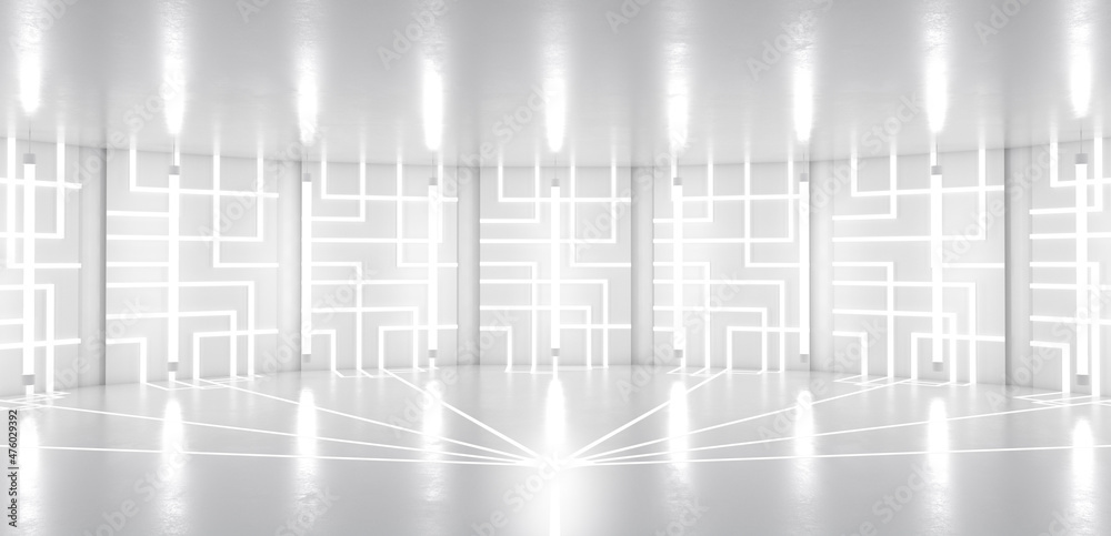 White minimalistic abstract 3d background. Neon light from lamps on the walls of the circular stage. 3d illustration.