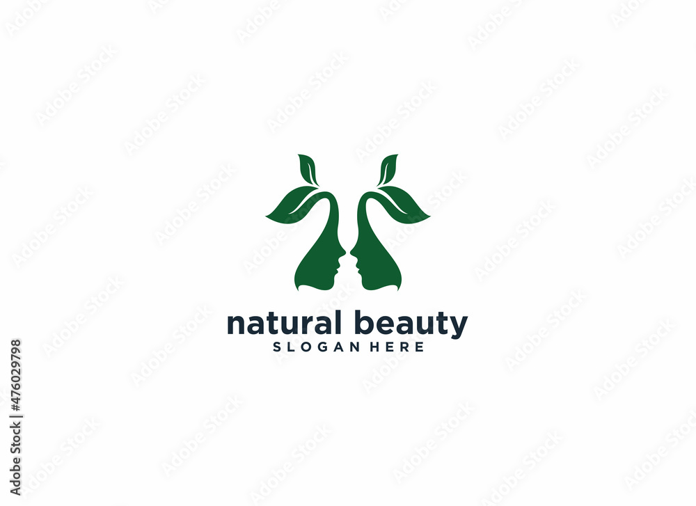 natural beauty logo with two beautiful female faces with leaf hair natural beauty logo with two beautiful female faces with leaf hair