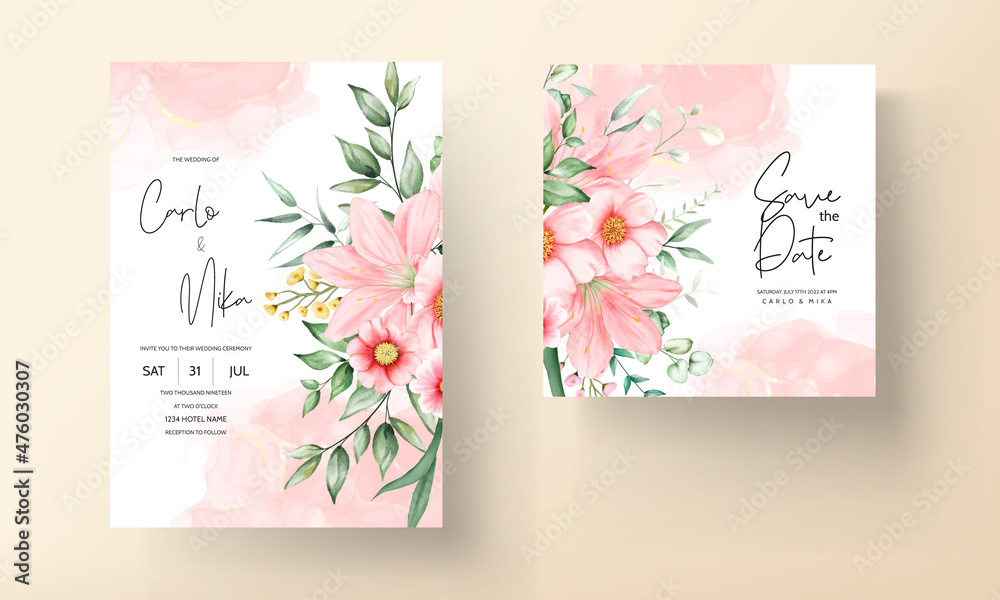 Elegant hand drawing wedding invitation watercolor floral design