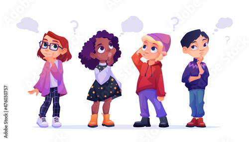 Little boys and girl having many questions cartoon children set. Vector funny child wondering and looking for answers, puzzled kids with question marks and clouds above heads. Unsure smart youth