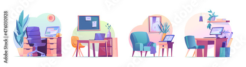 Workplaces at home and in office isolated cartoon set. Vector workspace, tables and computers, notebooks and laptops, chairs and desks. House interior, lamp and vase modern interior design elements