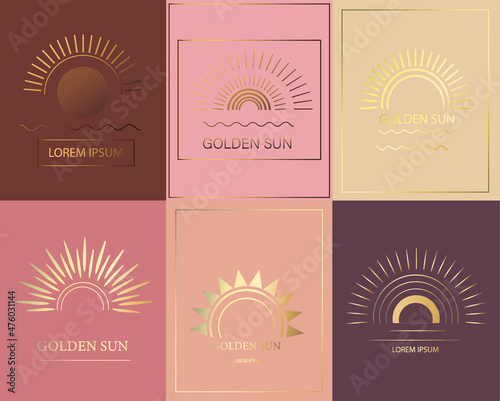 Sunrise or sunset icon in golden color in boho style. Linear, simple logo design, sun line art. Sunset vector logo design. Vector illustration
