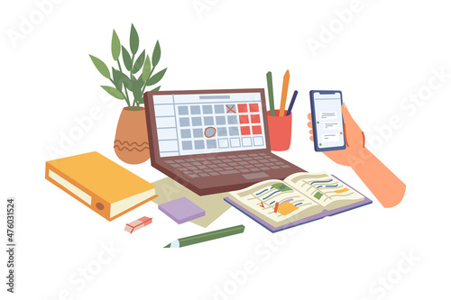 Notebook or diary planner for organization of working space and tasks. Computer and smartphone with application for making marks and appointments. Business tools or student schedule. Vector in flat