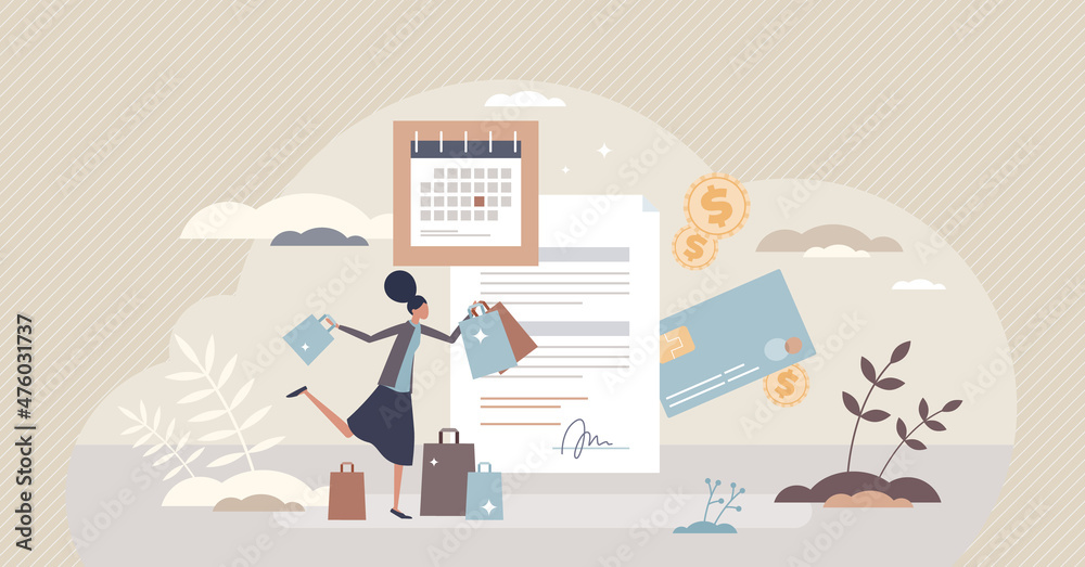 Buy now pay later financial deal for shopping on loan tiny person concept. Bank credit card agreement for purchases without money vector illustration. Spend cash on discount deals in retail stores.