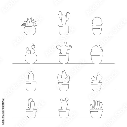 Cute cactus continuous one line drawing. Black and white home plants