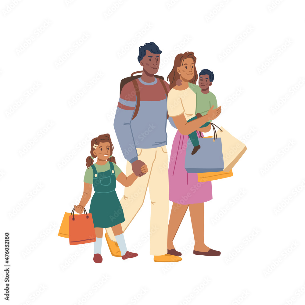 Happy family on shopping, parents and kids with paper bags purchases isolated flat cartoon characters personages. Vector mother, father and children buying presents gifts, Black Friday sale, discounts Happy family on shopping, parents and kids with paper bags purchases isolated flat cartoon characters personages. Vector mother, father and children buying presents gifts, Black Friday sale, discounts