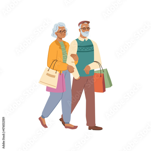 Trendy elderly couple carry packages with purchases isolated flat cartoon characters. Vector happy old man and woman enjoying discount sale, stylish mature buyer pair. Mature people shopping together