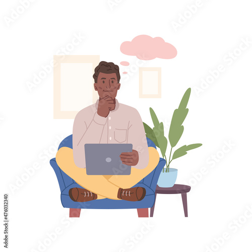Thinking businessman with laptop sitting on armchair, dreaming bubble above head, flat cartoon character. Vector thoughtful man making decision, executive worker think about financial decision