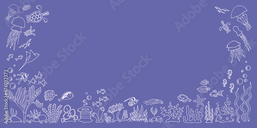 Marine coral reef banner in very peri color. Card template with underwater animals and plants. Ocean floor wild life background, aquarium, zoo. Hand drawn vector illustration. Diving in the sea.
